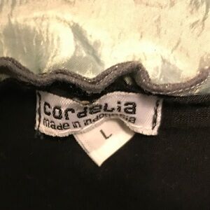 Cordelia black cotton top with silky grey ruffled accents on neckline and wrists